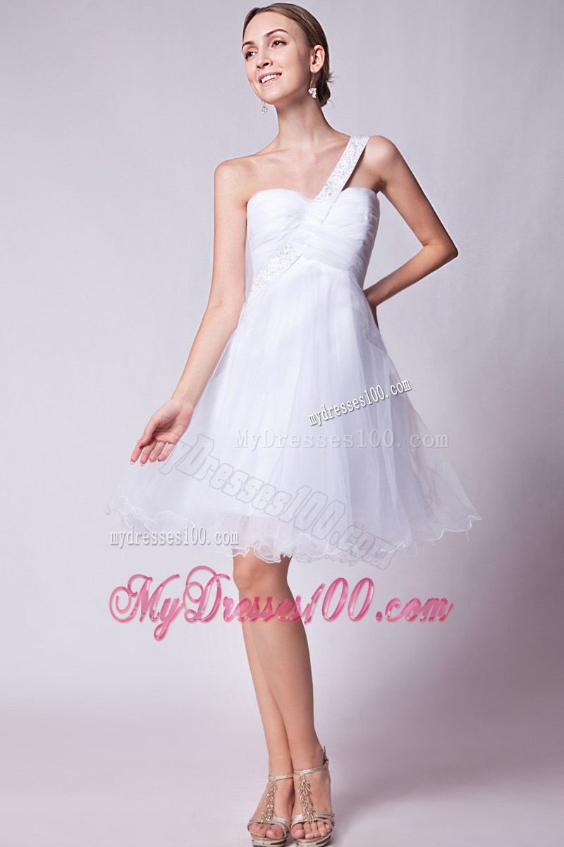 White One Shoulder Graduation Dress with Beading Mini-length
