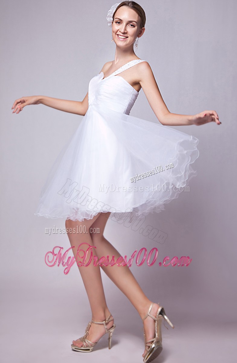 White One Shoulder Graduation Dress with Beading Mini-length