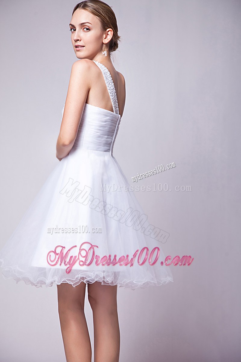 White One Shoulder Graduation Dress with Beading Mini-length