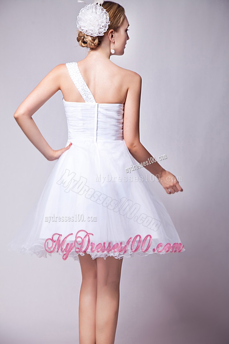 White One Shoulder Graduation Dress with Beading Mini-length