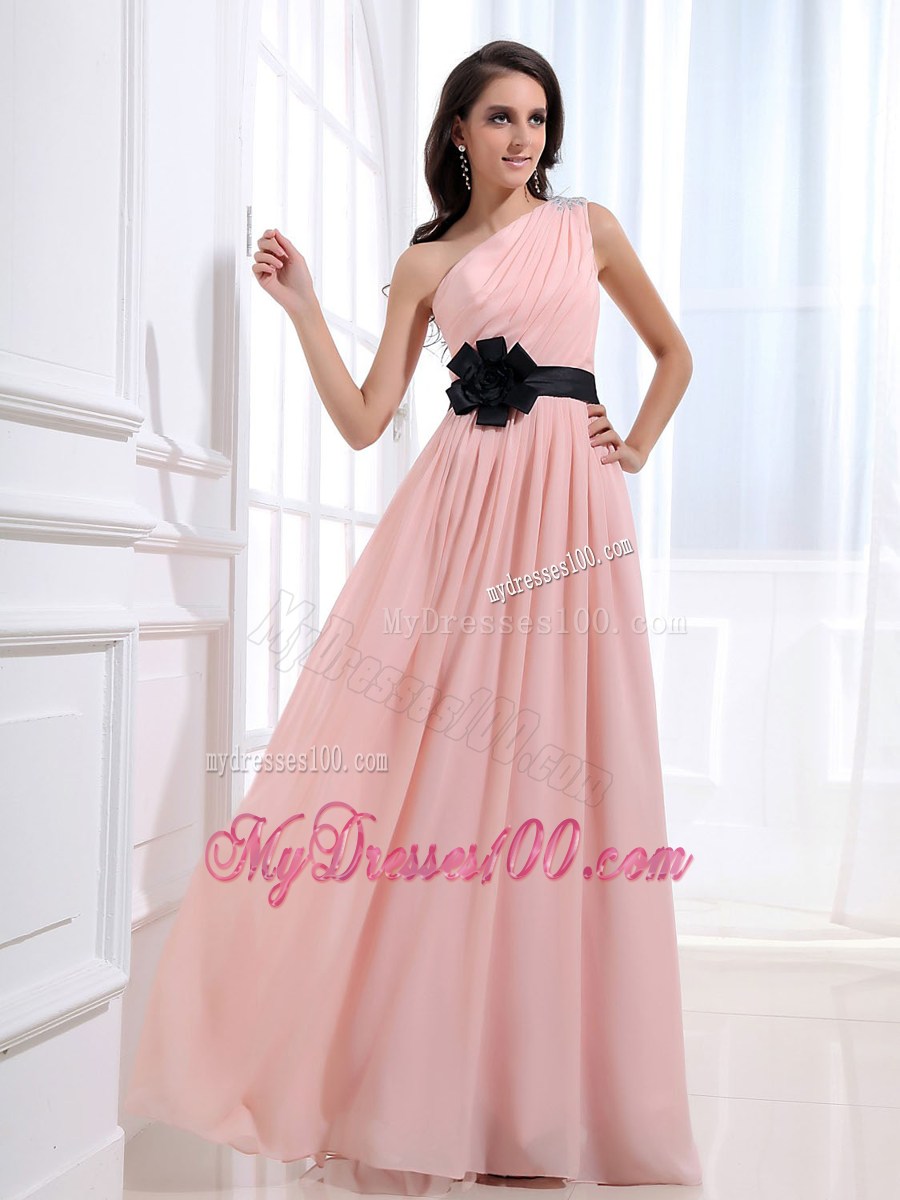 One Shoulder Black Flowers Sash For Baby Pink Graduation Dress with Ruches