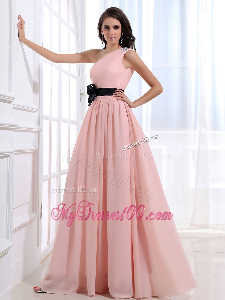One Shoulder Black Flowers Sash For Baby Pink Graduation Dress with Ruches