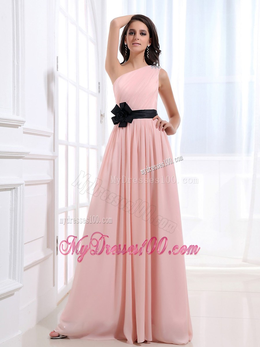 One Shoulder Black Flowers Sash For Baby Pink Graduation Dress with Ruches
