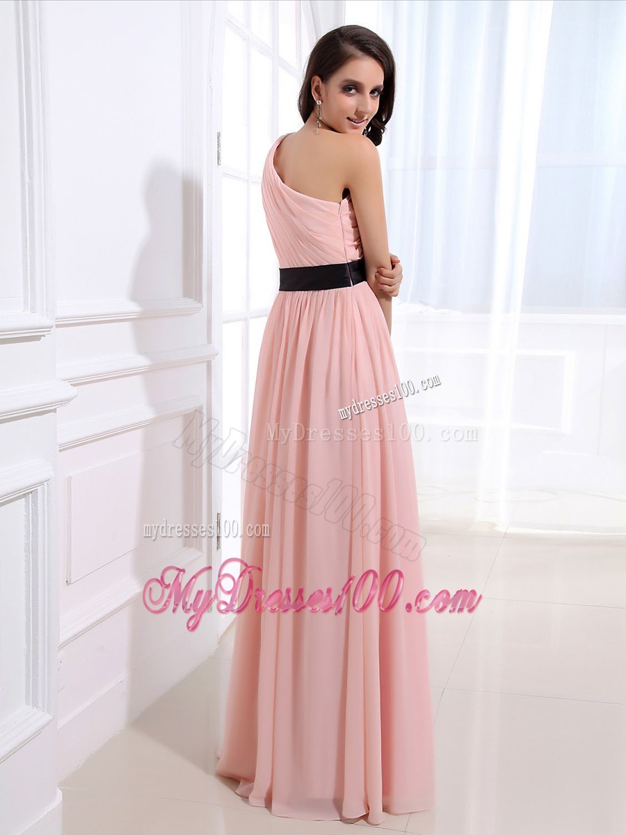 One Shoulder Black Flowers Sash For Baby Pink Graduation Dress with Ruches