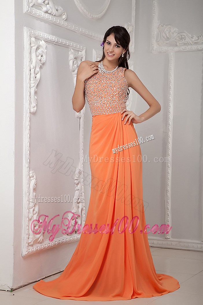 Sexy Orange One Shoulder Brush Train Beaded Graduation Dress