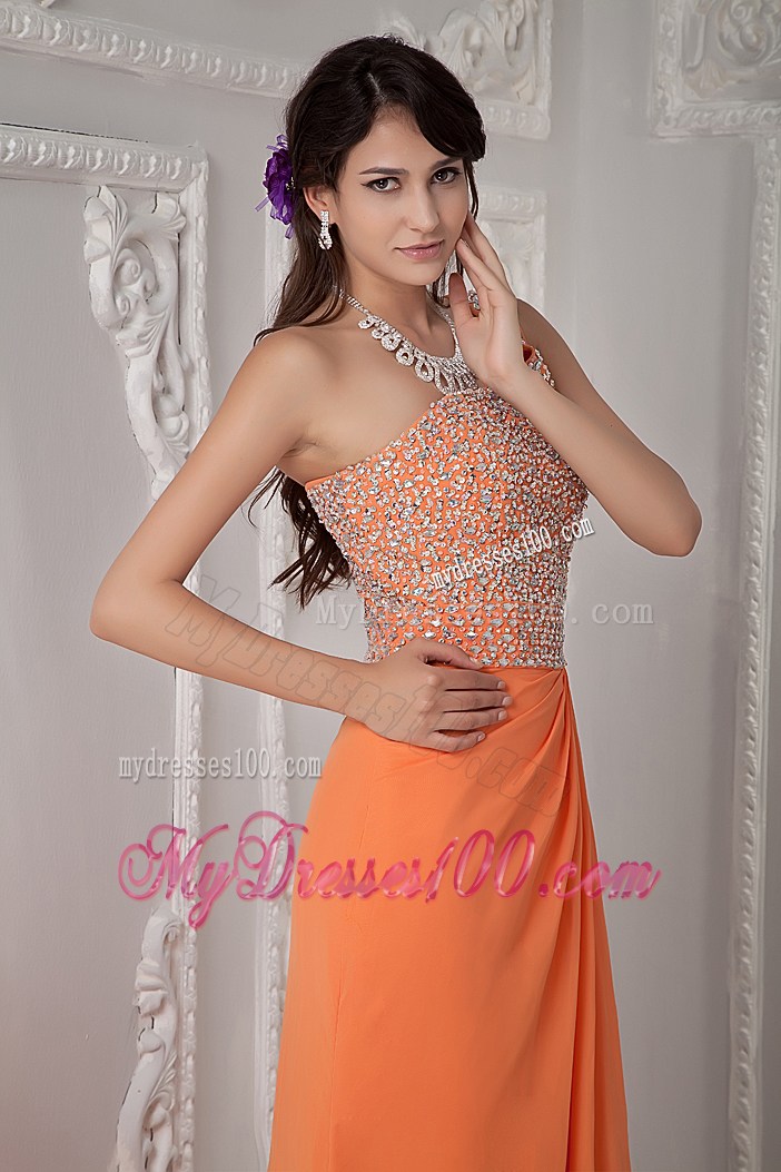 Sexy Orange One Shoulder Brush Train Beaded Graduation Dress