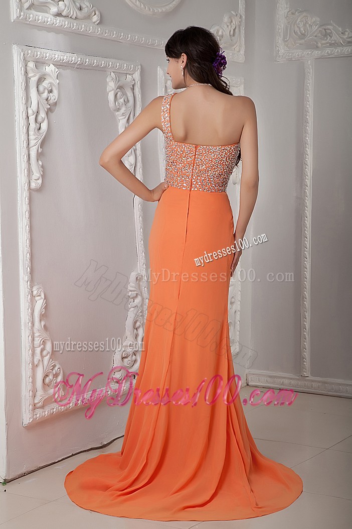 Sexy Orange One Shoulder Brush Train Beaded Graduation Dress