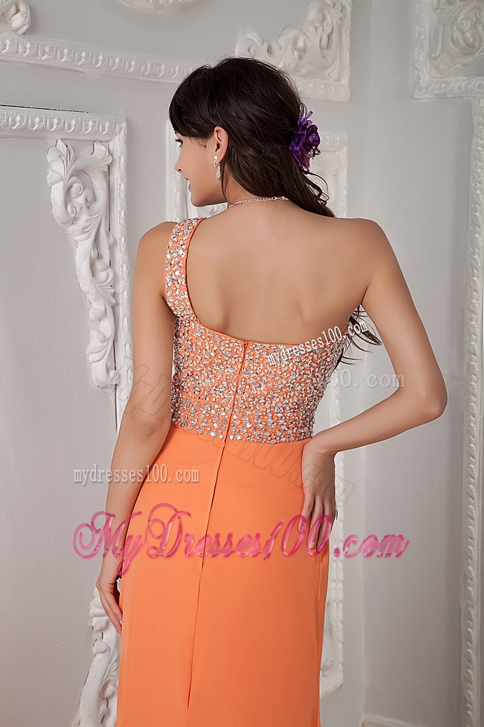 Sexy Orange One Shoulder Brush Train Beaded Graduation Dress