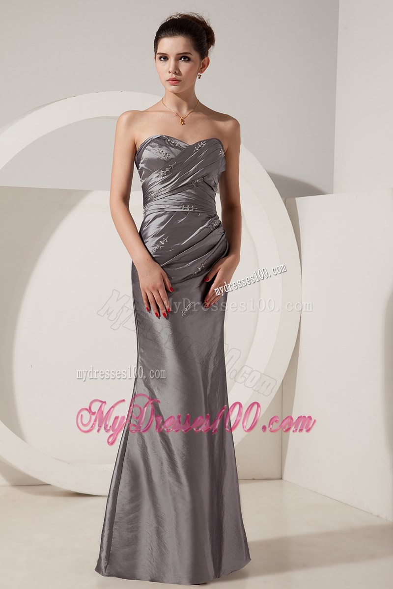 Cheap Grey Prom Dress Column Beading Sweetheart Floor-length Satin
