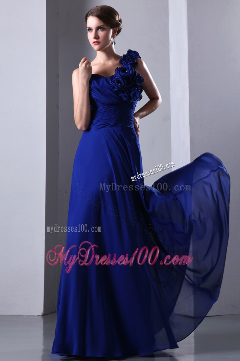 2013 Cheap Royal Blue Empire Flowers One Shoulder Graduation Dress