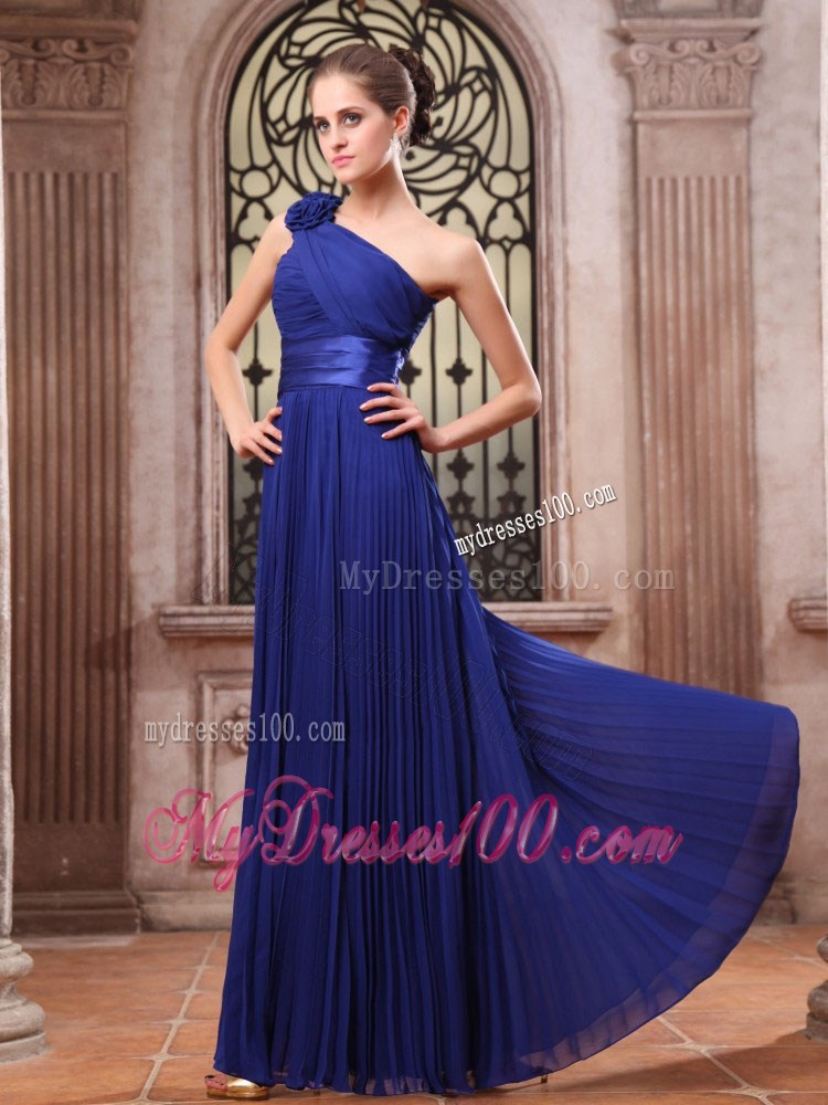 Royal Blue Graduation Dresses One Shoulder Hand Made Flower Pleat