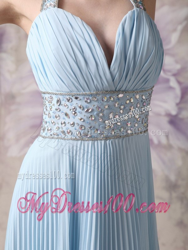 Lovely Baby Blue Halter Prom Dress with Beading Floor-length