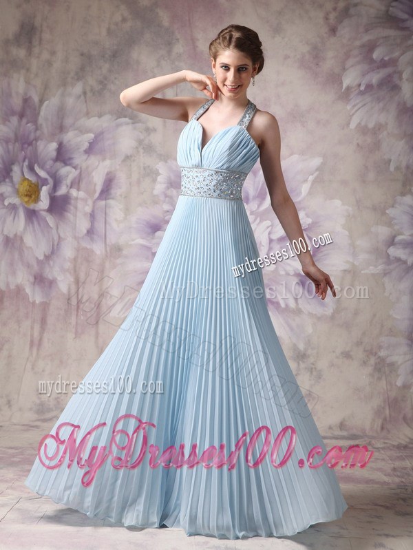 Lovely Baby Blue Halter Prom Dress with Beading Floor-length