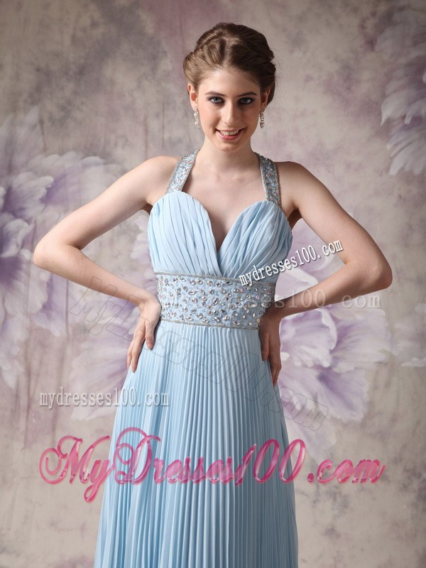 Lovely Baby Blue Halter Prom Dress with Beading Floor-length