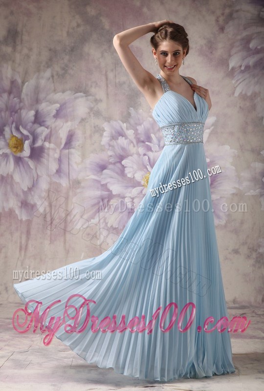 Lovely Baby Blue Halter Prom Dress with Beading Floor-length