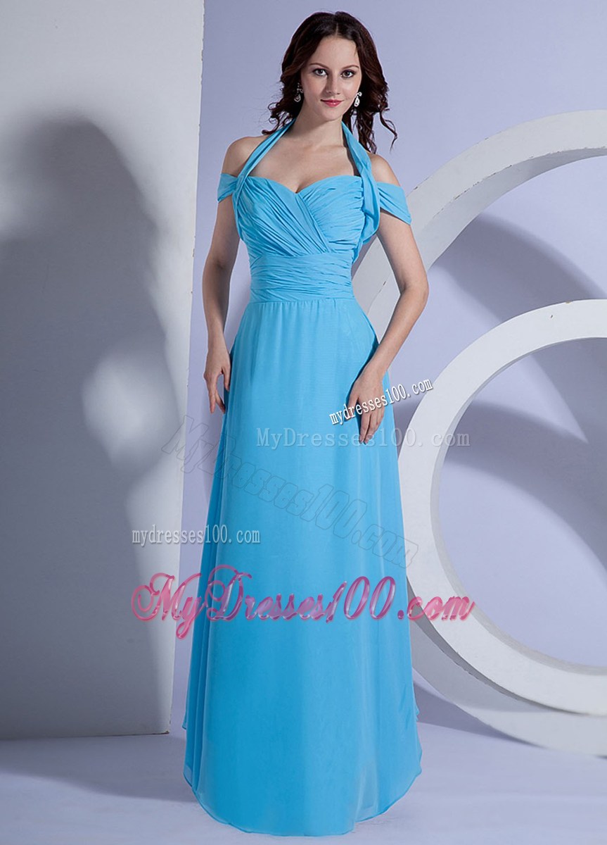 Ruching Decorate Bodice Aqua Blue Floor-length 2013 Graduation Dress
