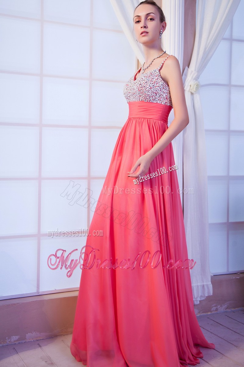 Hot Pink Empire Straps Brush Train Beaded Prom Dress for Graduation