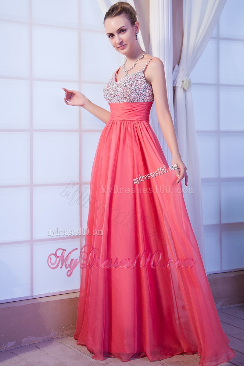 Hot Pink Empire Straps Brush Train Beaded Prom Dress for Graduation