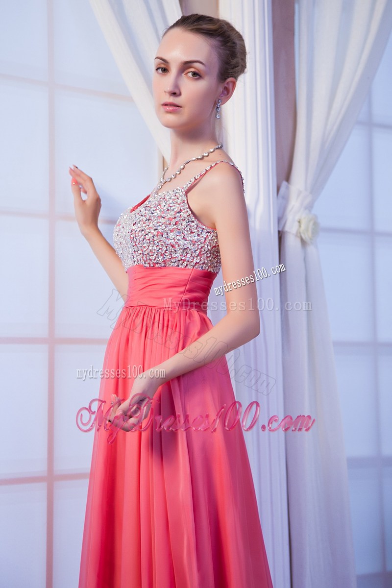 Hot Pink Empire Straps Brush Train Beaded Prom Dress for Graduation