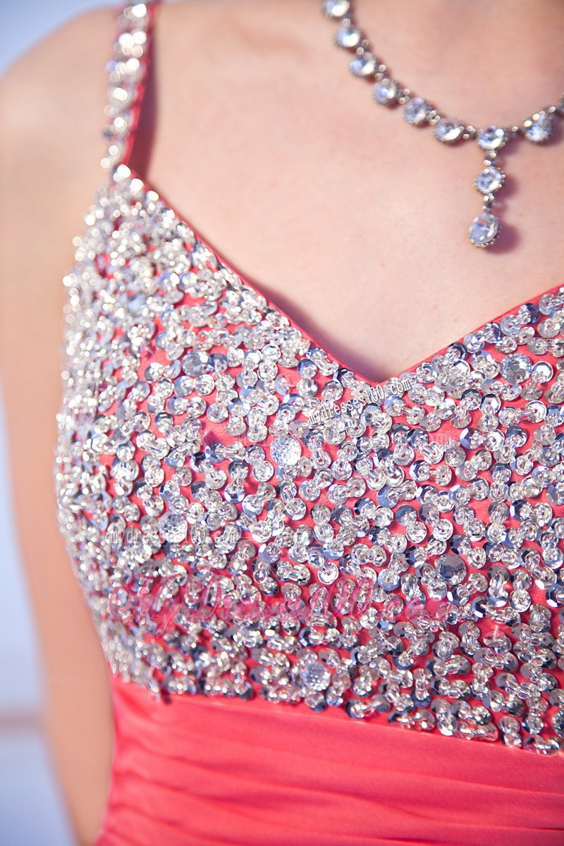 Hot Pink Empire Straps Brush Train Beaded Prom Dress for Graduation