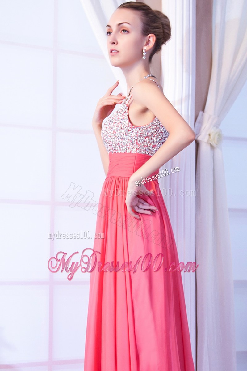 Hot Pink Empire Straps Brush Train Beaded Prom Dress for Graduation