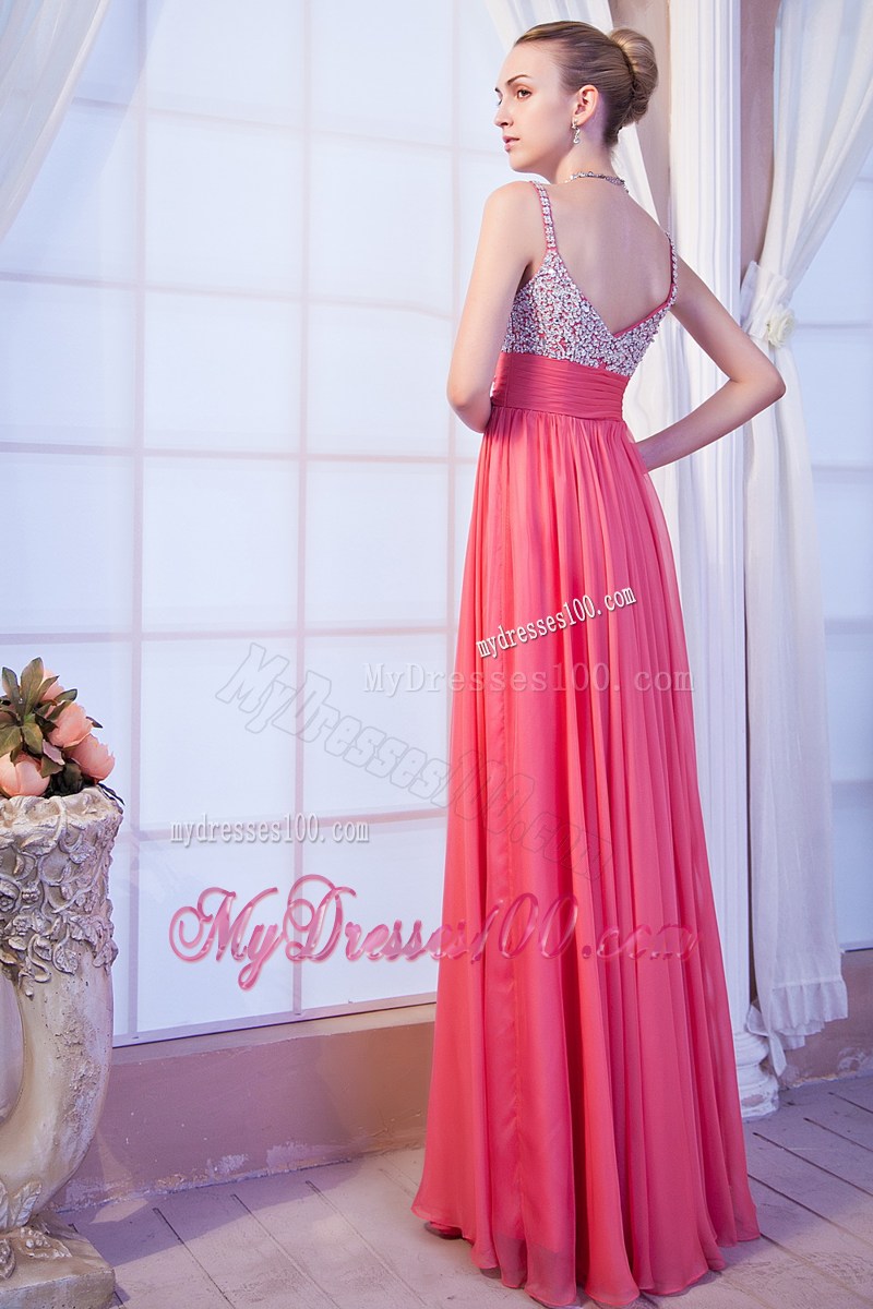 Hot Pink Empire Straps Brush Train Beaded Prom Dress for Graduation