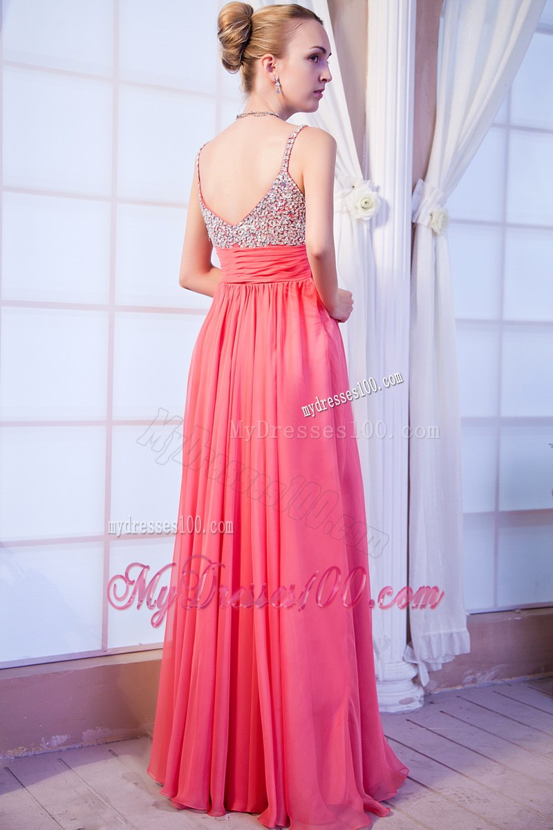 Hot Pink Empire Straps Brush Train Beaded Prom Dress for Graduation