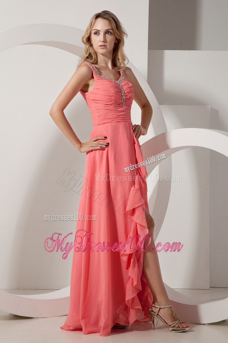 Watermelon Red Empire V-neck Floor-length Beaded Graduation Dress