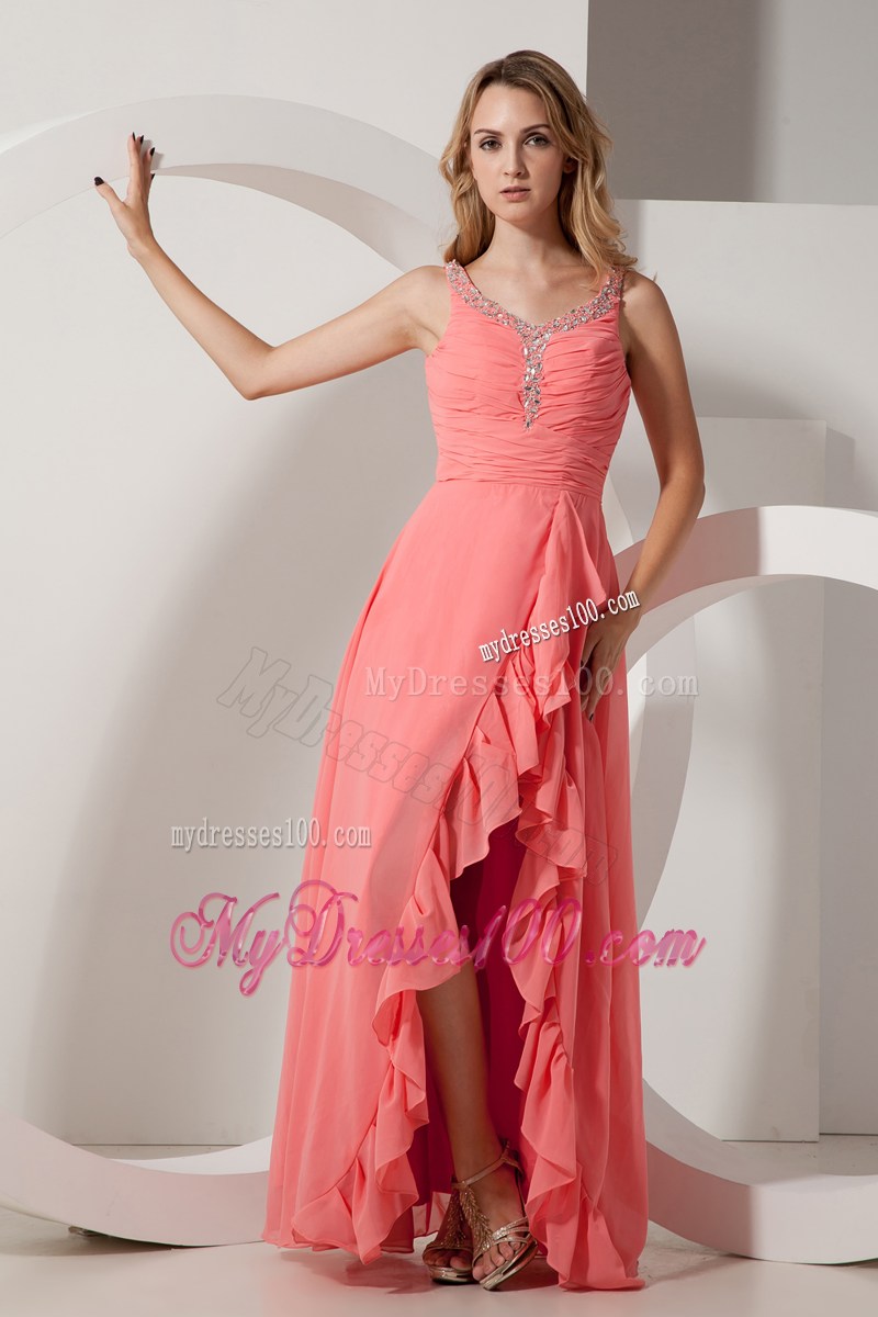 Watermelon Red Empire V-neck Floor-length Beaded Graduation Dress