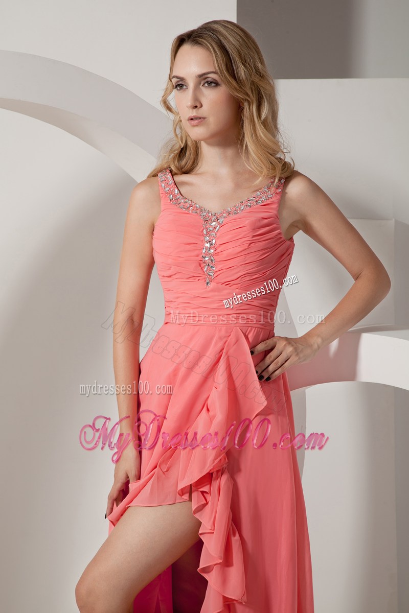 Watermelon Red Empire V-neck Floor-length Beaded Graduation Dress