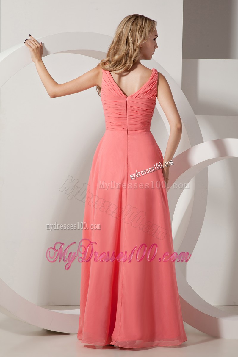 Watermelon Red Empire V-neck Floor-length Beaded Graduation Dress