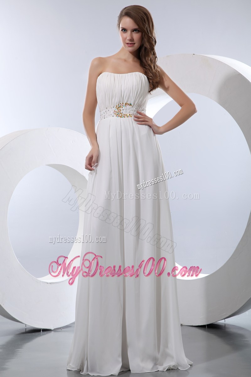 White Empire Strapless Floor-length Beaded Prom Graduation Dress