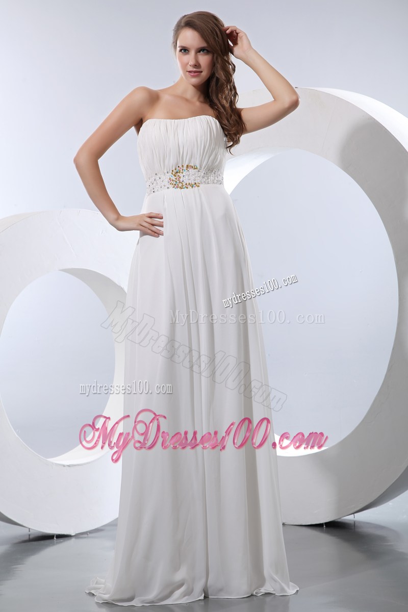 White Empire Strapless Floor-length Beaded Prom Graduation Dress