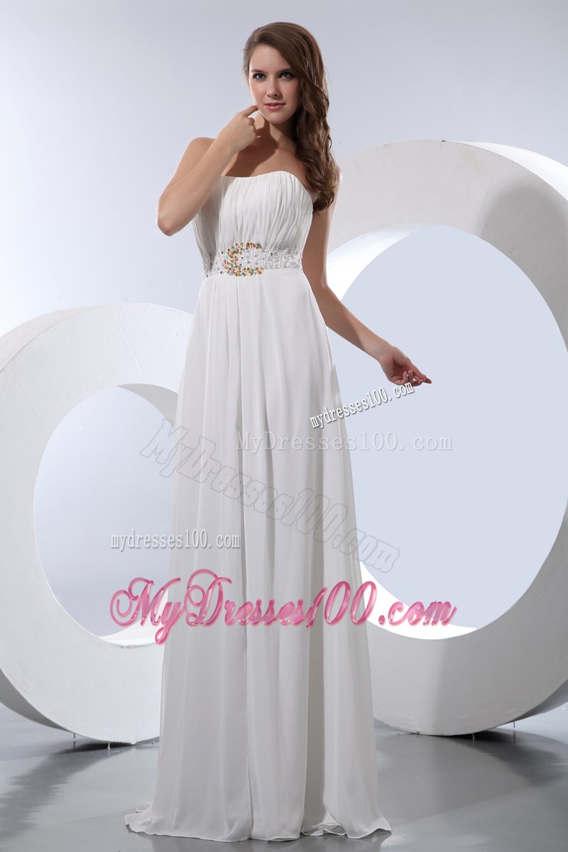 White Empire Strapless Floor-length Beaded Prom Graduation Dress
