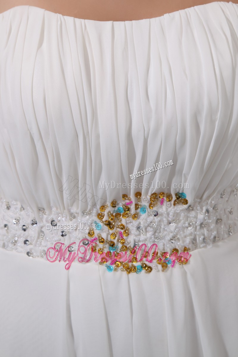 White Empire Strapless Floor-length Beaded Prom Graduation Dress