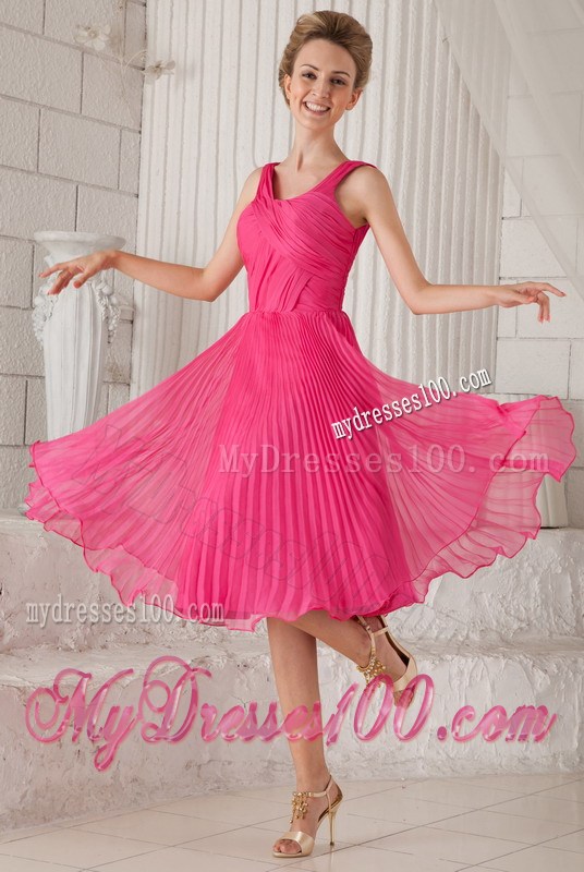 Hot Pink Empire Straps Tea-length Pleat Prom Graduation Dresses