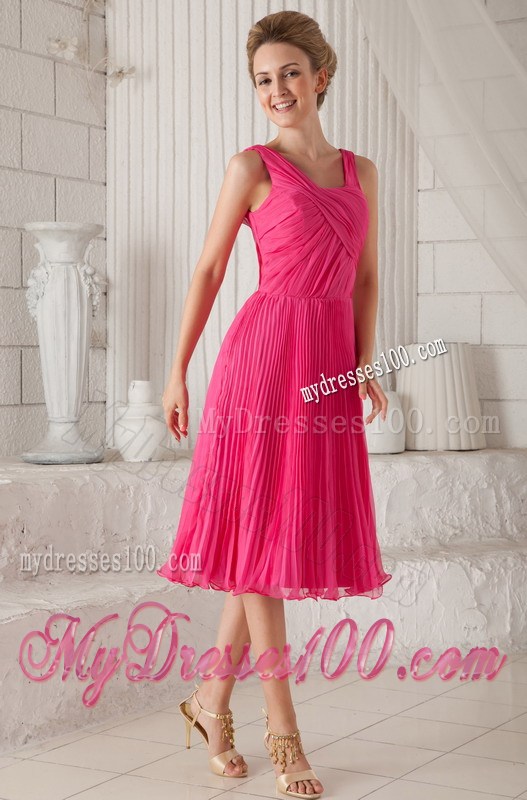 Hot Pink Empire Straps Tea-length Pleat Prom Graduation Dresses