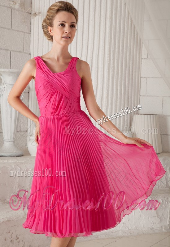 Hot Pink Empire Straps Tea-length Pleat Prom Graduation Dresses