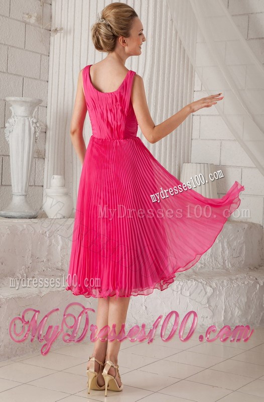 Hot Pink Empire Straps Tea-length Pleat Prom Graduation Dresses