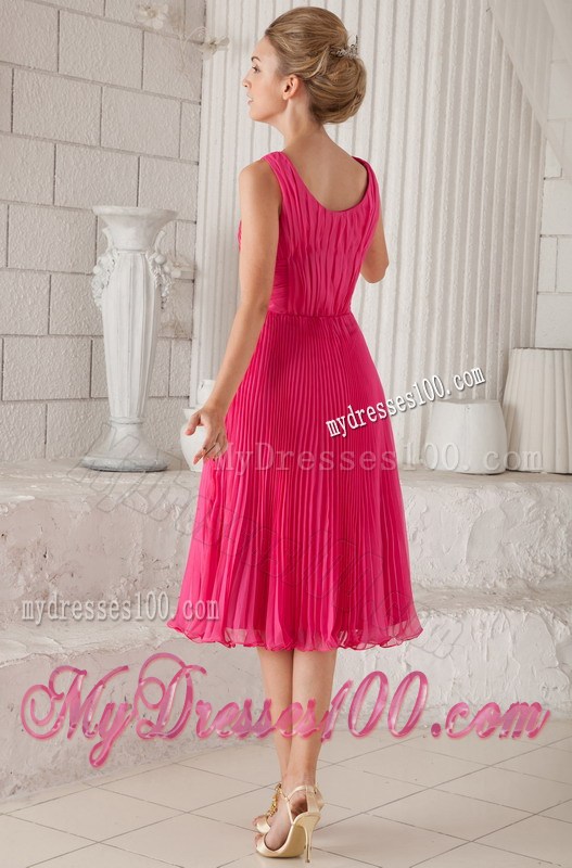 Hot Pink Empire Straps Tea-length Pleat Prom Graduation Dresses