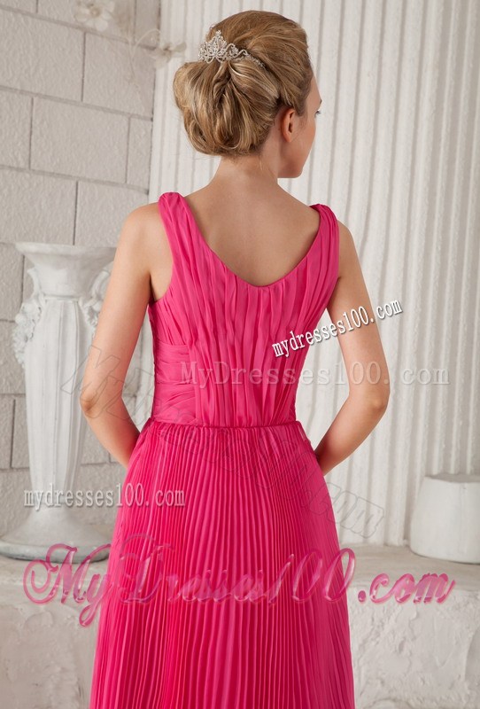 Hot Pink Empire Straps Tea-length Pleat Prom Graduation Dresses