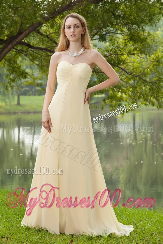 Champagne Sweetheart Brush Train Graduation Dresses with Ruching