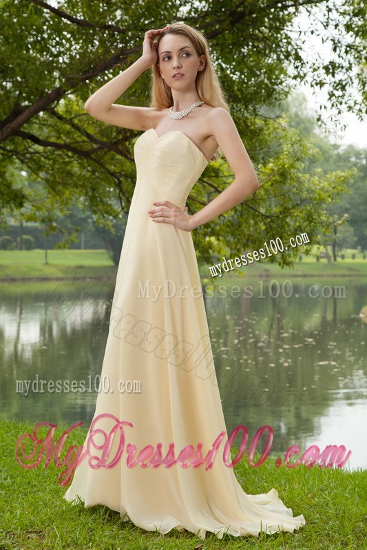 Champagne Sweetheart Brush Train Graduation Dresses with Ruching