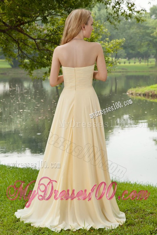 Champagne Sweetheart Brush Train Graduation Dresses with Ruching