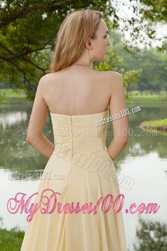 Champagne Sweetheart Brush Train Graduation Dresses with Ruching