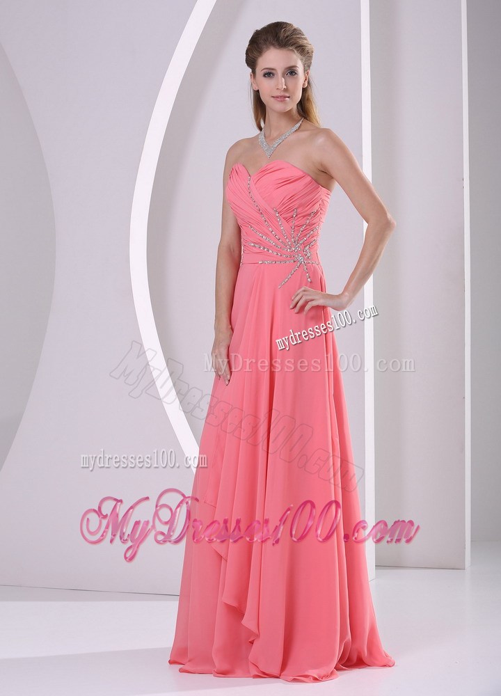 Watermelon Red Sweetheart Beaded and Ruched Graduation Dress