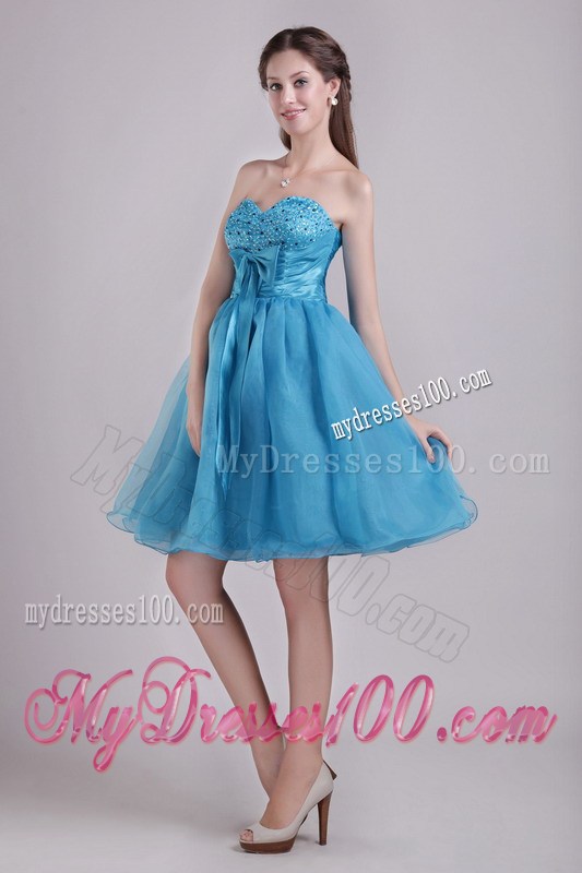 Teal Sweetheart Beading and Bow Short Prom Graduation Dress
