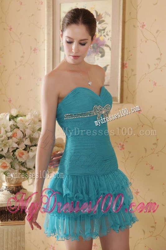 Teal Column Sweetheart Mini-length Beading and Ruching Graduation Dress
