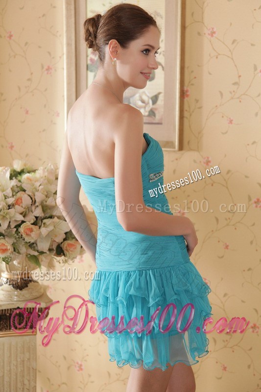 Teal Column Sweetheart Mini-length Beading and Ruching Graduation Dress