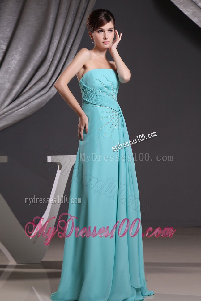 Tuquoise Beading Strapless and Brush Train for Prom Dress